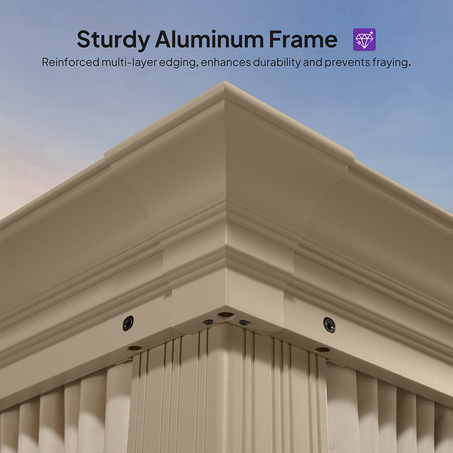 PURPLE LEAF Backyard Gazebo Champagne Hardtop Galvanized Steel Roof Awning and Upgrade Curtain with Lights-clear