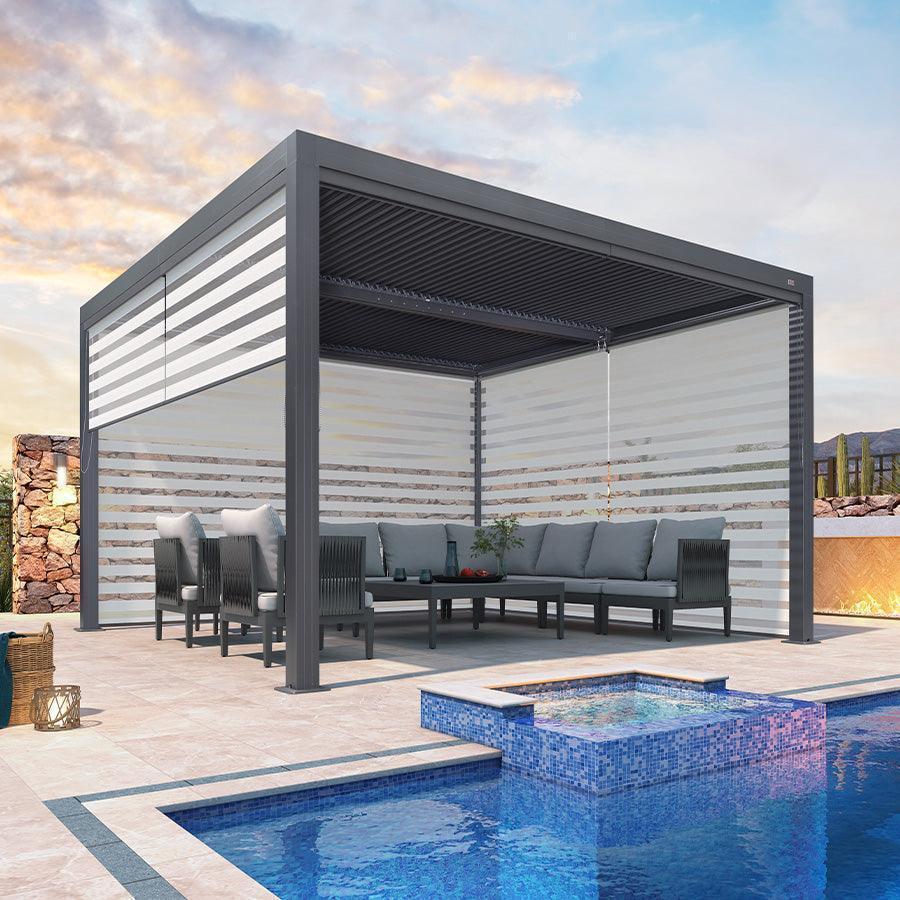 PURPLE LEAF Athena Louvered Pergola Grey Outdoor Aluminum Pergola with Roller Blind Adjustable Gazebo for Patio Deck Garden