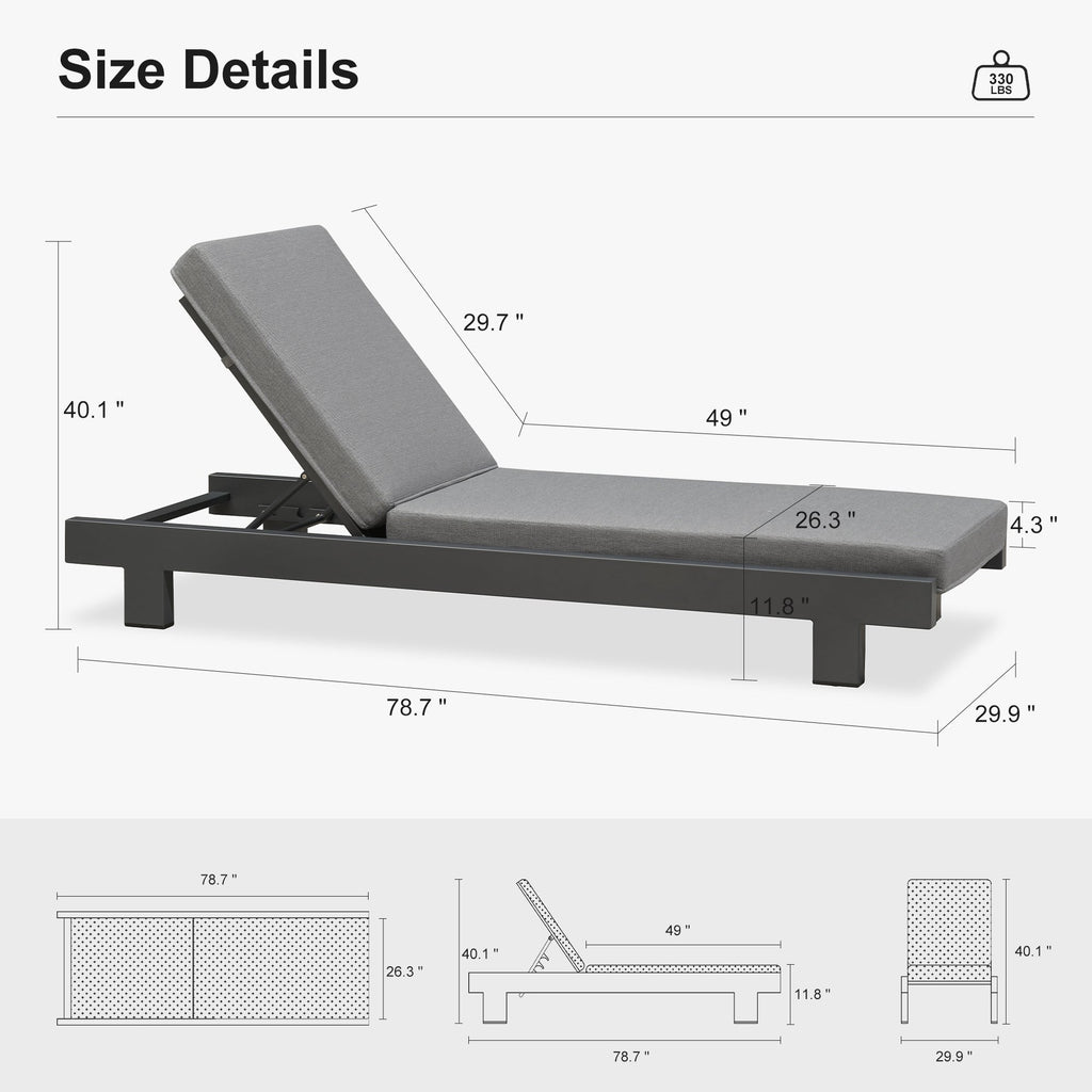 PURPLE LEAF Outdoor Standard Daybed for Patio,  Poolside Chaise Lounge Bed with Cushion, Olefin Blend Fabric, Aluminum Frame Sunbed for Deck and Backyard