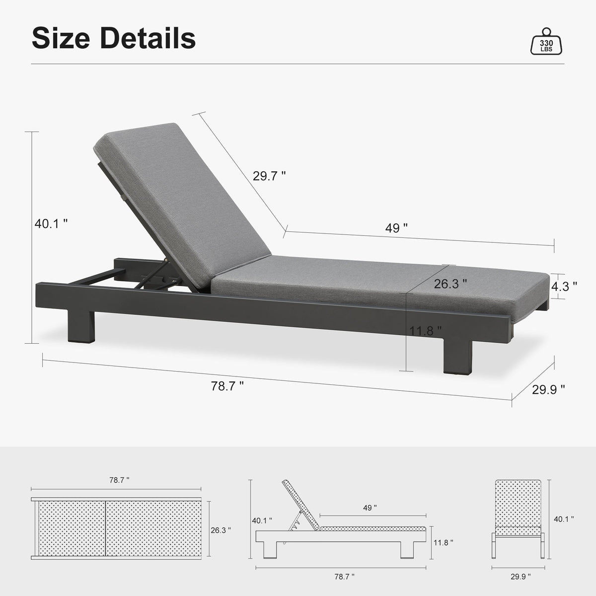 PURPLE LEAF Outdoor Standard Daybed for Patio,  Poolside Chaise Lounge Bed with Cushion, Olefin Blend Fabric, Aluminum Frame Sunbed for Deck and Backyard