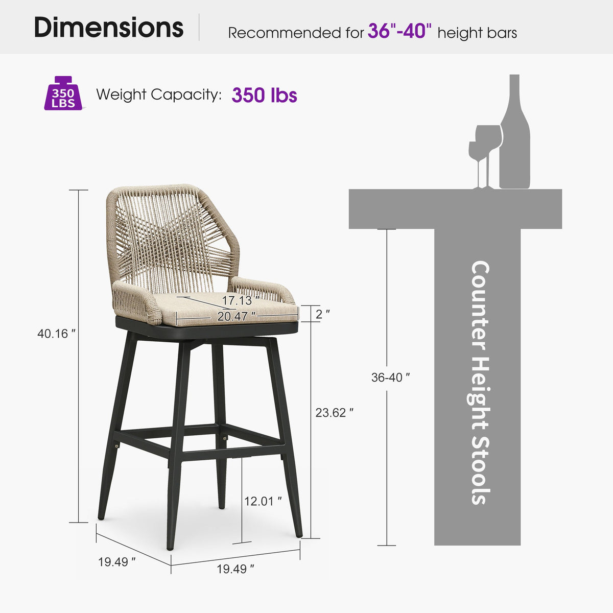 PURPLE LEAF Outdoor Swivel Bar Stools Set of 2 Patio 360° Rotating All-Weather Wicker Stools with Back and Cushion for Outside Backyard Kitchen Bistro Garden Bar