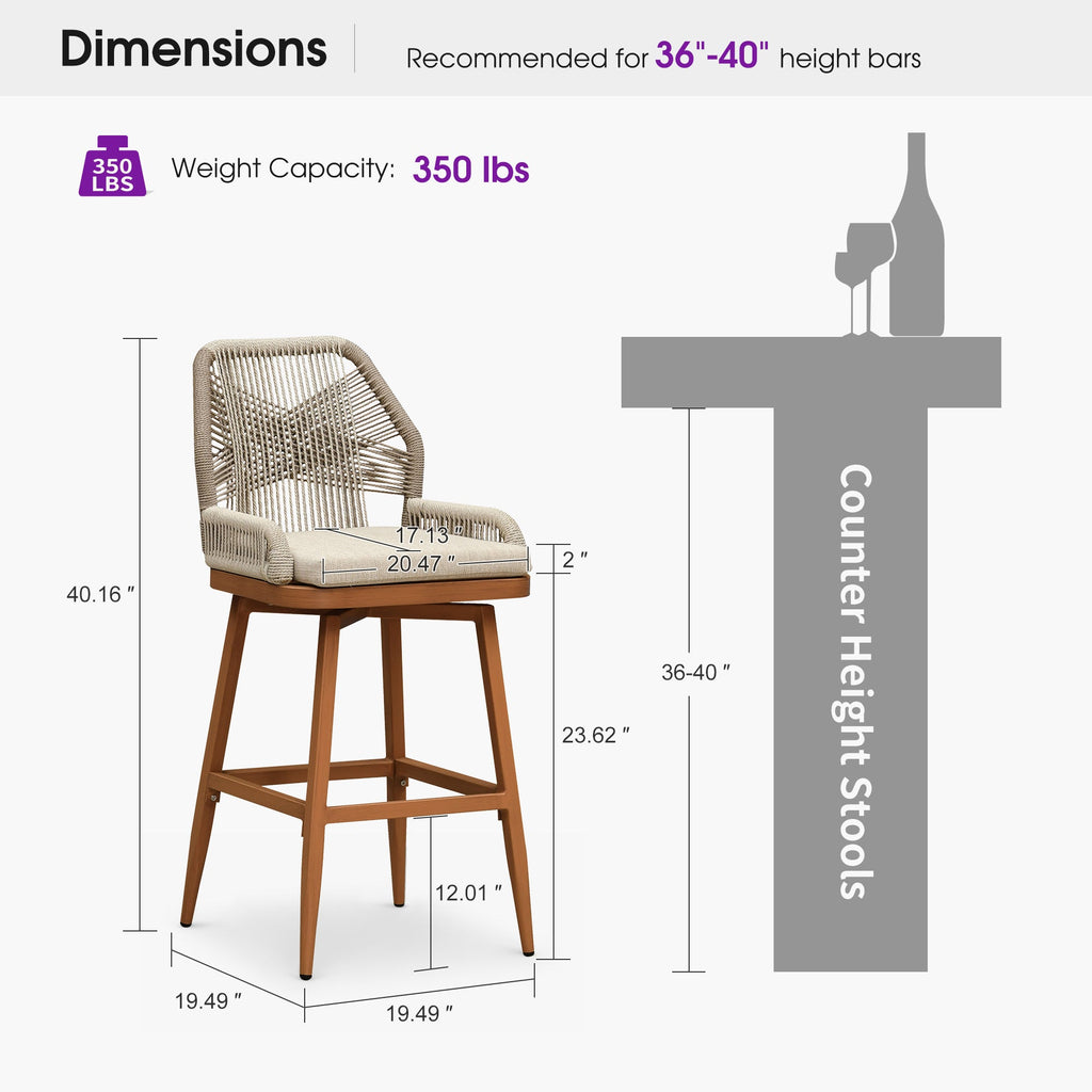 PURPLE LEAF Outdoor Swivel Bar Stools Set of 2 Patio 360° Rotating All-Weather Wicker Stools with Back and Cushion for Outside Backyard Kitchen Bistro Garden Bar