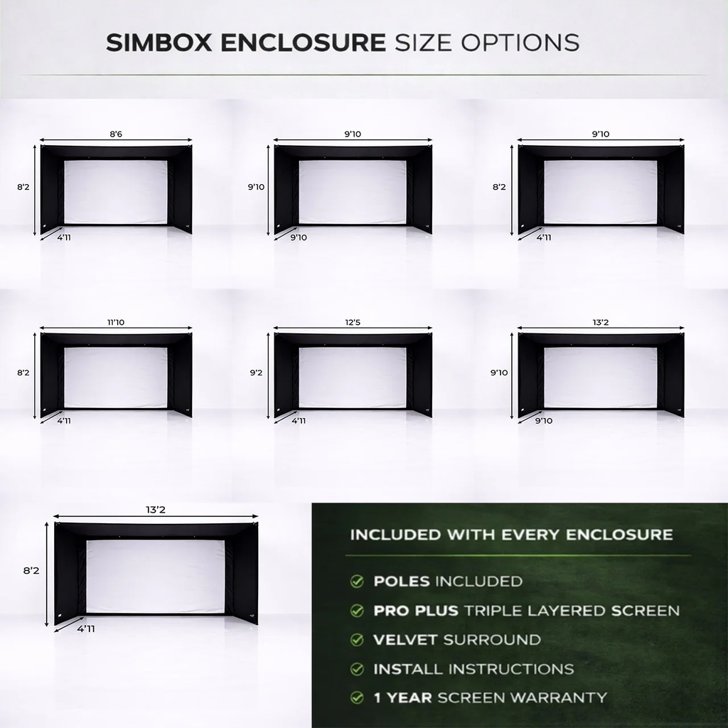 Golf Simulator Enclosure - 7 Sizes, Pro + Impact Screen and Frame INCLUDES FREE SIDE BARRIERS
