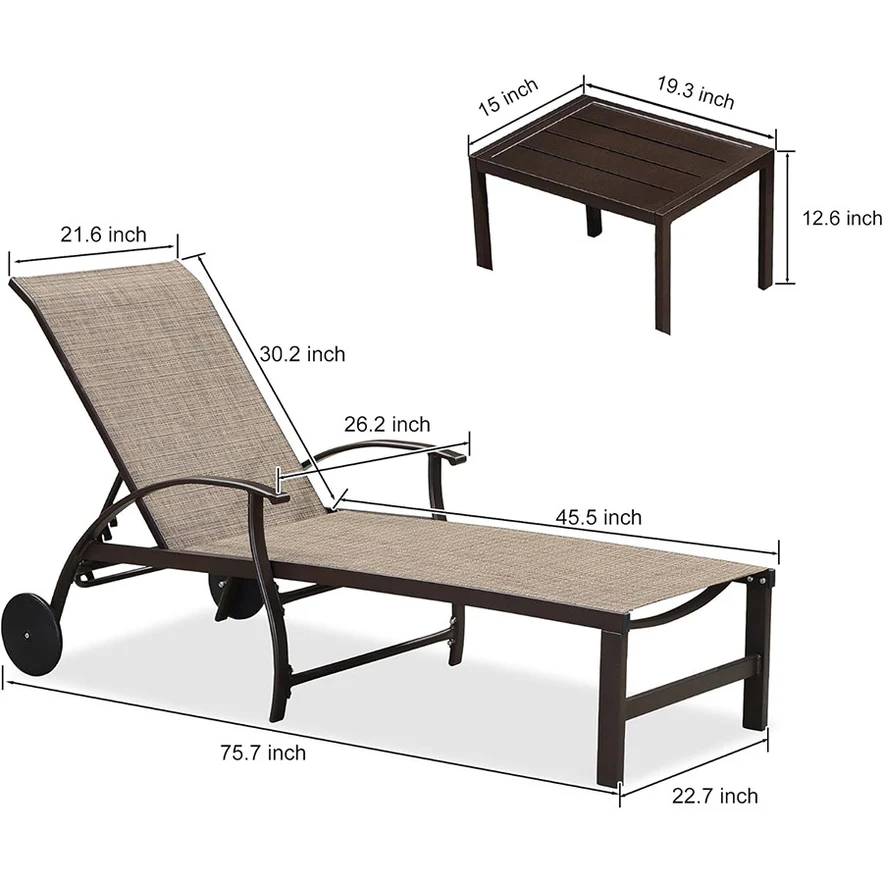 PURPLE LEAF Outdoor Chaise Lounge Patio Pool Lounger Aluminum Chairs with Side Table Adjustable Tanning Recliner for Outside Yard Deck Lawn Garden Beach