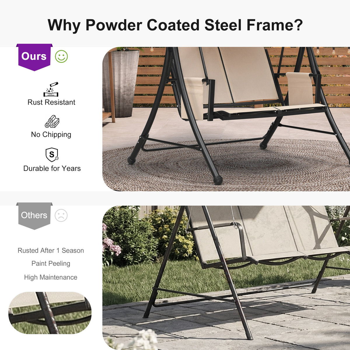 PURPLE LEAF Porch Swing with Adjustable Tilt Canopy Patio Swing with Stand and Meatl Steel Frame All-Weather Outdoor Swing Chair Seat Space-Saving for Backyard Garden Deck