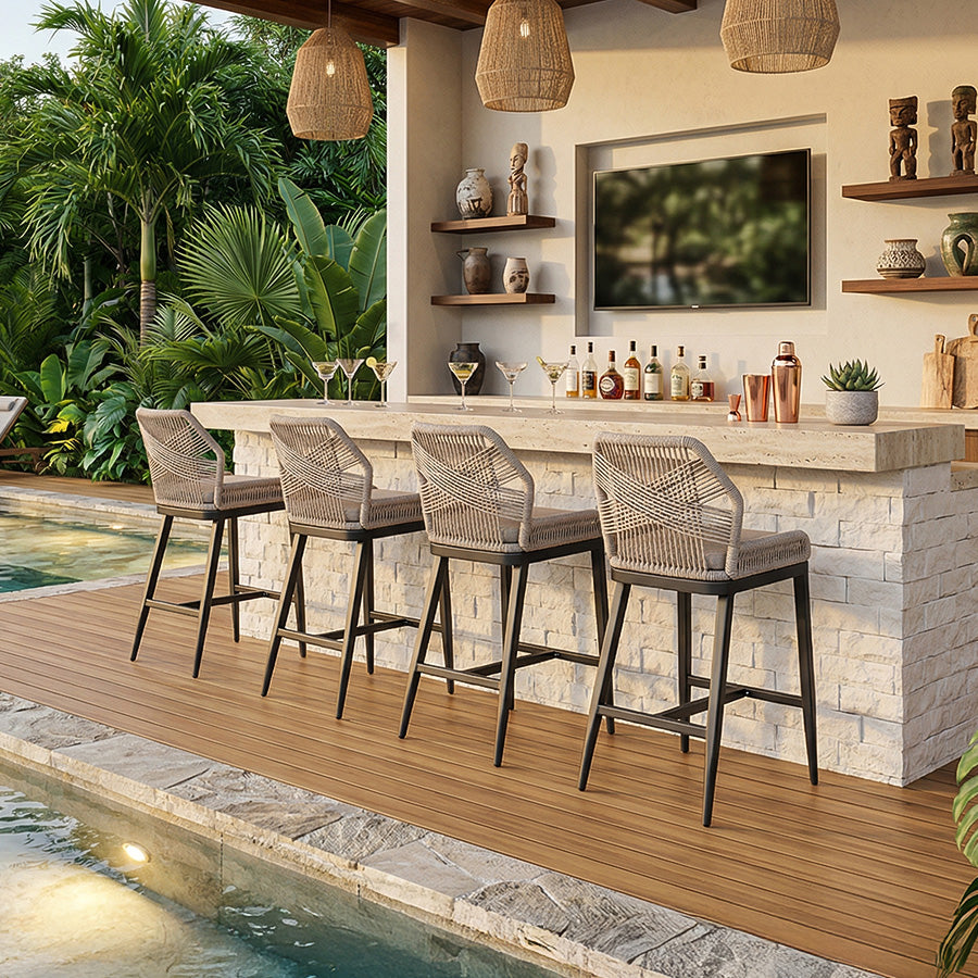 PURPLE LEAF Bar Stools Set of 4 Outdoor Aluminum Barstools with Back Modern Wicker Rattan Boho Garden Pool Patio Bar Chairs