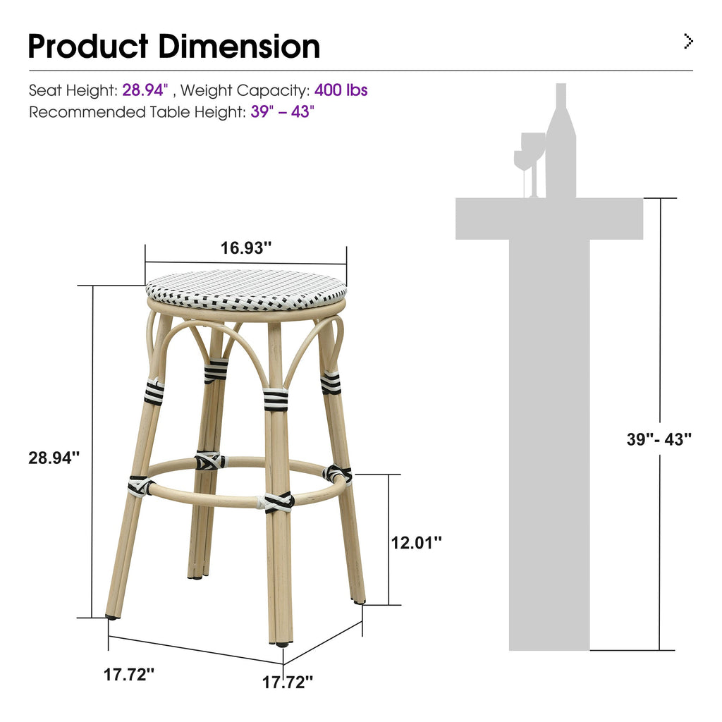 PURPLE LEAF Patio French Round Counter Stool Set of 2 Rattan Backless Stackable Barstools Aluminum Frame Footrest with Woven Wicker for Outdoor Kitchen Yard
