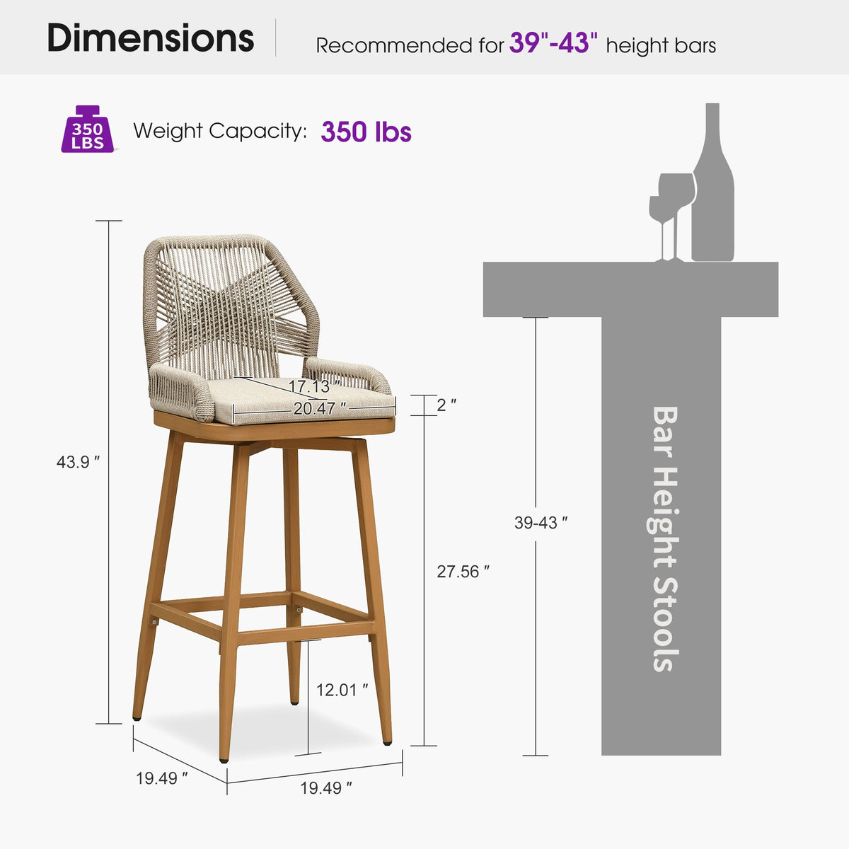 PURPLE LEAF Outdoor Swivel Bar Stools Set of 2 Patio 360° Rotating All-Weather Wicker Stools with Back and Cushion for Outside Backyard Kitchen Bistro Garden Bar