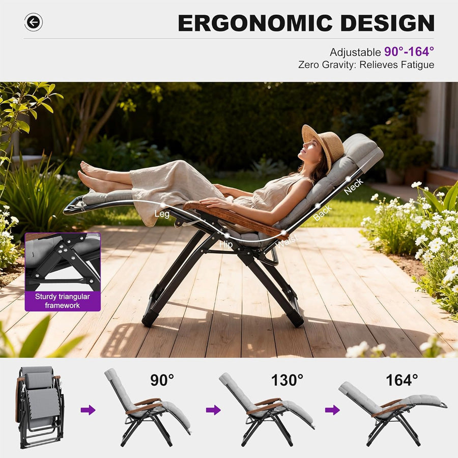 PURPLE LEAF Outdoor Reclining Chair Patio Zero Gravity Chaise Lounge Folding Chair with Removable Cushion Adjustable Headrest for Lawn Camping Beach Pool
