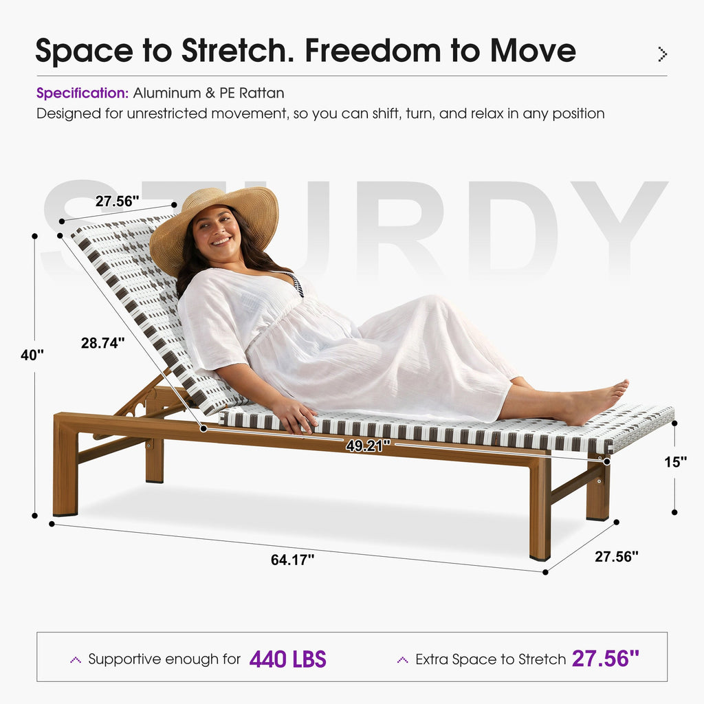 PURPLE LEAF Outdoor Teak Chaise Lounge Chair, Wood Grain Aluminum Outdoor Pool Lounge Chairs with Adjustable Backrest, Breathable Recliner for Patio, Poolside, Garden