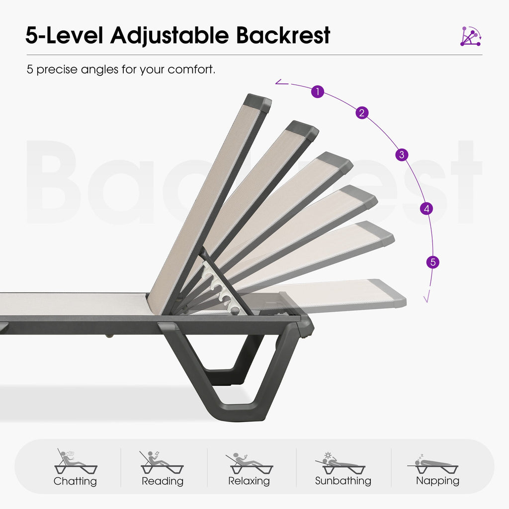 PURPLE LEAF Outdoor Chaise Lounge Patio Chair 5 Positions Adjustable Aluminum Frame with Textilene Seat Lightweight and Durable Pool Chaise Lounge for Patio Poolside Beach Yard