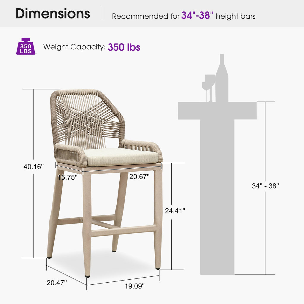 PURPLE LEAF Patio Bar Stools Counter Stools Outdoor Rattan Chairs with Back Modern Aluminum Woven Barstools for Garden Patio Kitchen Indoor