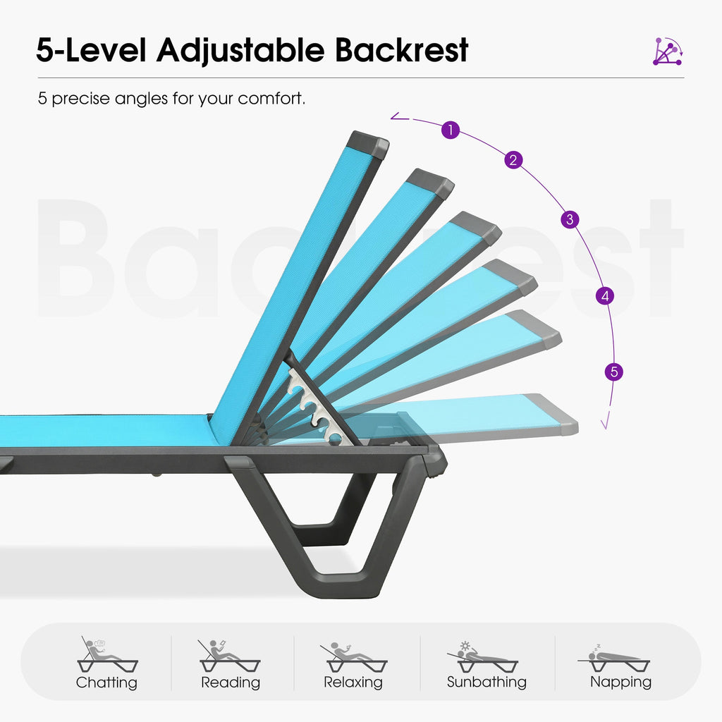 PURPLE LEAF Outdoor Chaise Lounge Patio Chair 5 Positions Adjustable Aluminum Frame with Textilene Seat Lightweight and Durable Pool Chaise Lounge for Patio Poolside Beach Yard