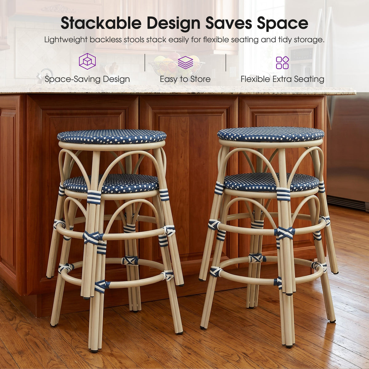 PURPLE LEAF Patio French Round Counter Stool Set of 2 Rattan Backless Stackable Barstools Aluminum Frame Footrest with Woven Wicker for Outdoor Kitchen Yard