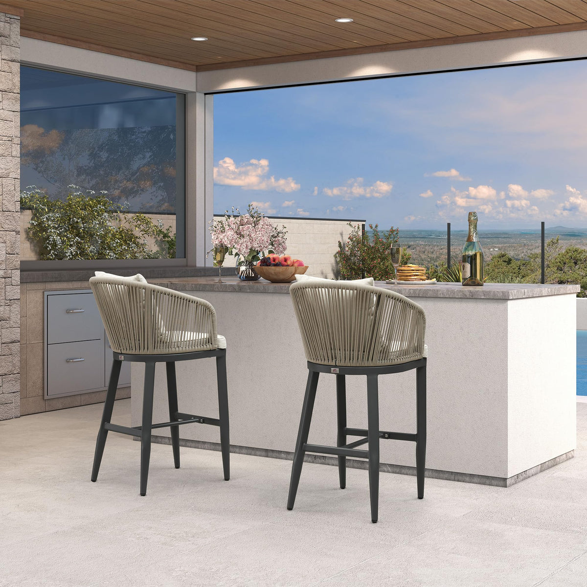 PURPLE LEAF Outdoor Bar Stools Patio Modern Aluminum Rattan High Back & Arms Bar Chairs with Removable Cushions and Pillows  for Outdoor or Indoor