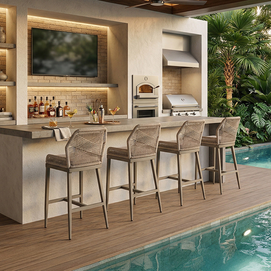 PURPLE LEAF Bar Stools Set of 4 Outdoor Aluminum Barstools with Back Modern Wicker Rattan Boho Garden Pool Patio Bar Chairs