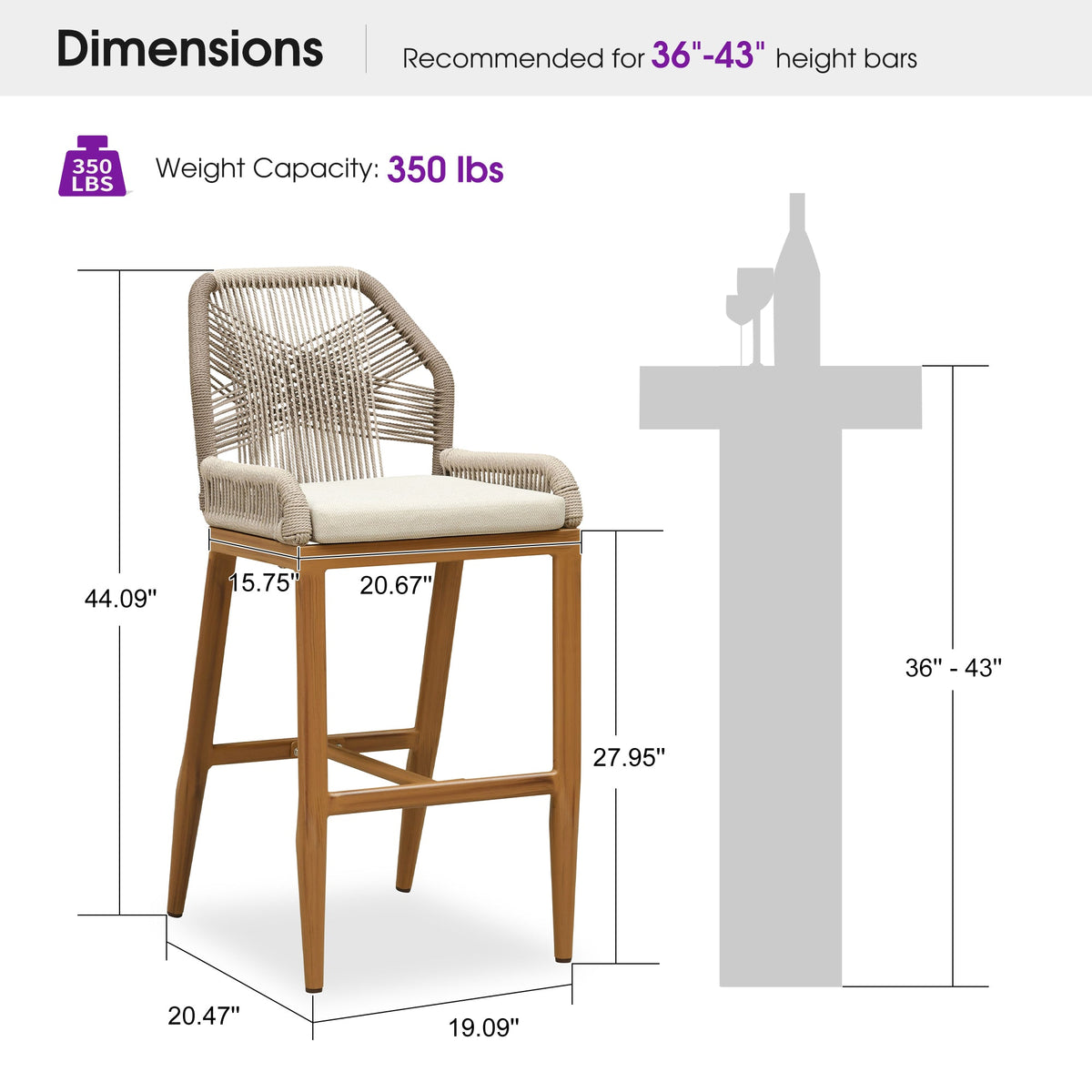 PURPLE LEAF Patio Bar Stools Counter Stools Outdoor Rattan Chairs with Back Modern Aluminum Woven Barstools for Garden Patio Kitchen Indoor