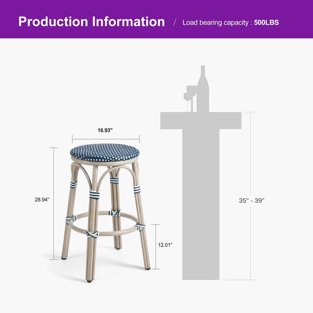 PURPLE LEAF Patio French Round Counter Stool Set of 2 Rattan Backless Stackable Barstools Aluminum Frame Footrest with Woven Wicker for Outdoor Kitchen Yard