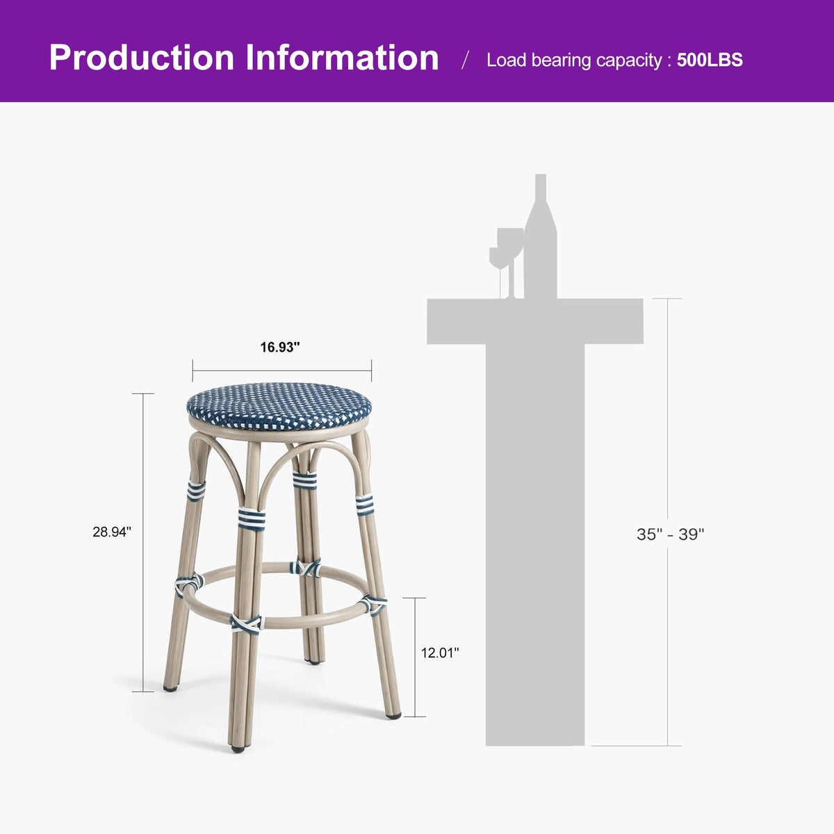 PURPLE LEAF Patio French Round Counter Stool Set of 2 Rattan Backless Stackable Barstools Aluminum Frame Footrest with Woven Wicker for Outdoor Kitchen Yard