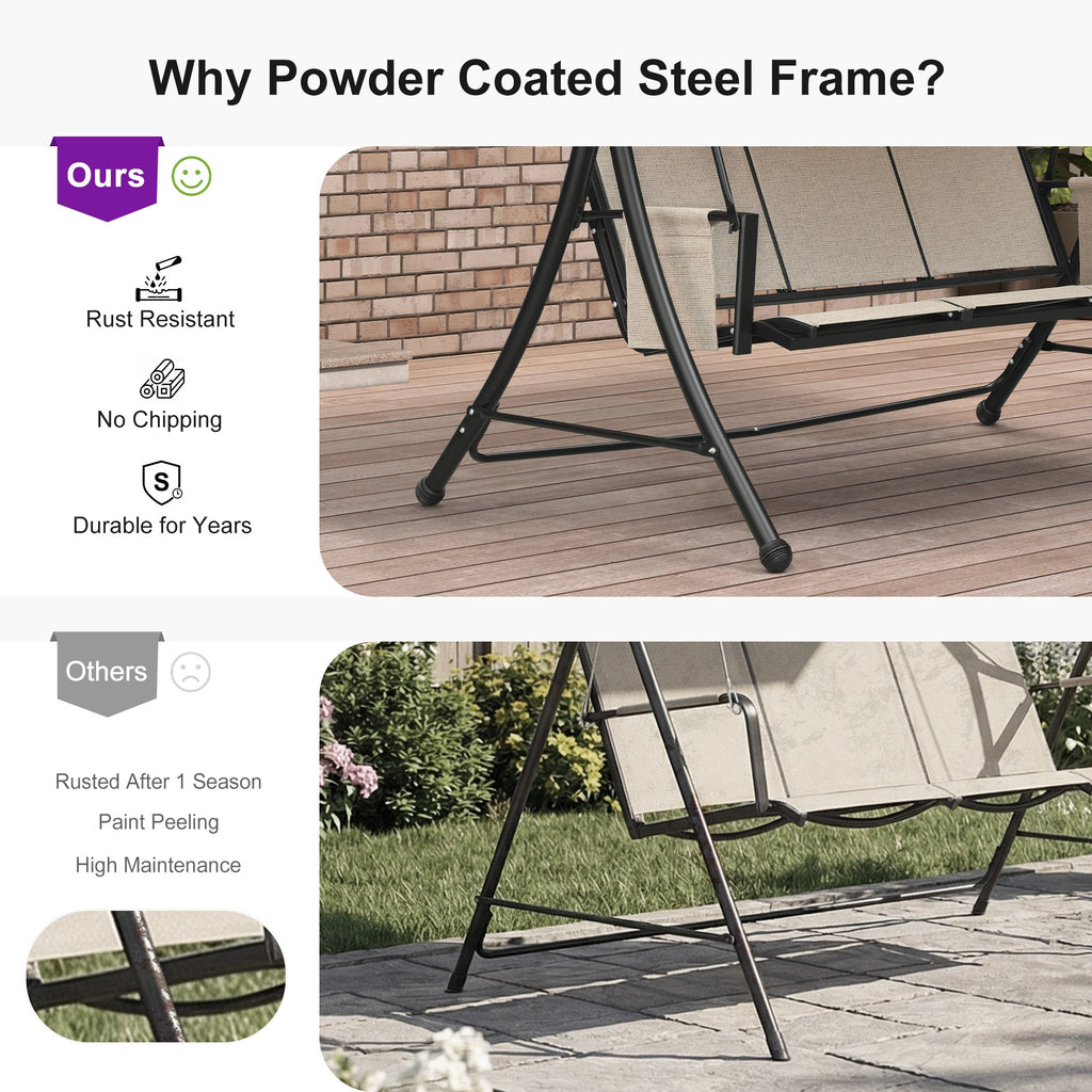 PURPLE LEAF Porch Swing with Adjustable Tilt Canopy Patio Swing with Stand and Meatl Steel Frame All-Weather Outdoor Swing Chair Seat Space-Saving for Backyard Garden Deck