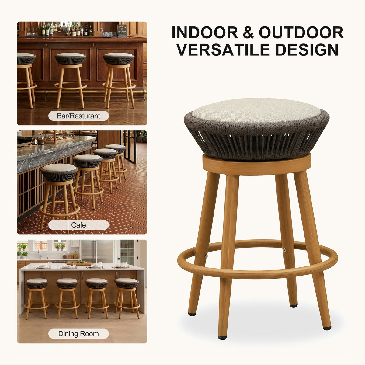 PURPLE LEAF Outdoor Swivel Bar Stools Set of 2 Metal Modern Rattan Bar Chairs with Backrest Aluminum Woven Barstools with Cushions