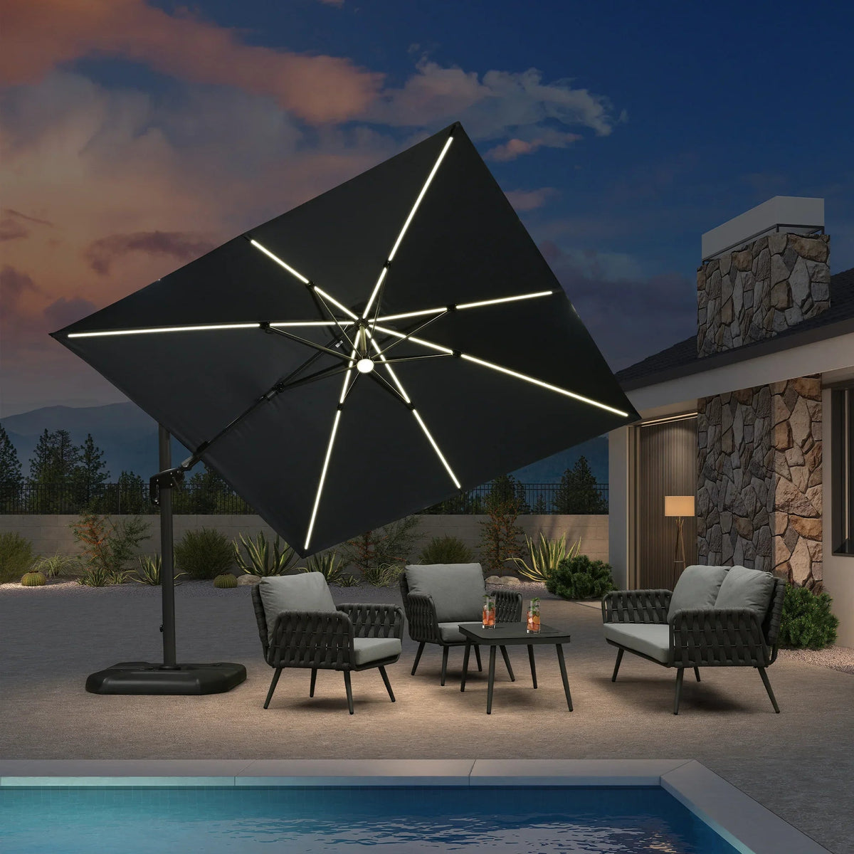 PURPLE LEAF – Parasol de terrasse déporté 10ft avec éclairage LED, rotation 360° et inclinaison