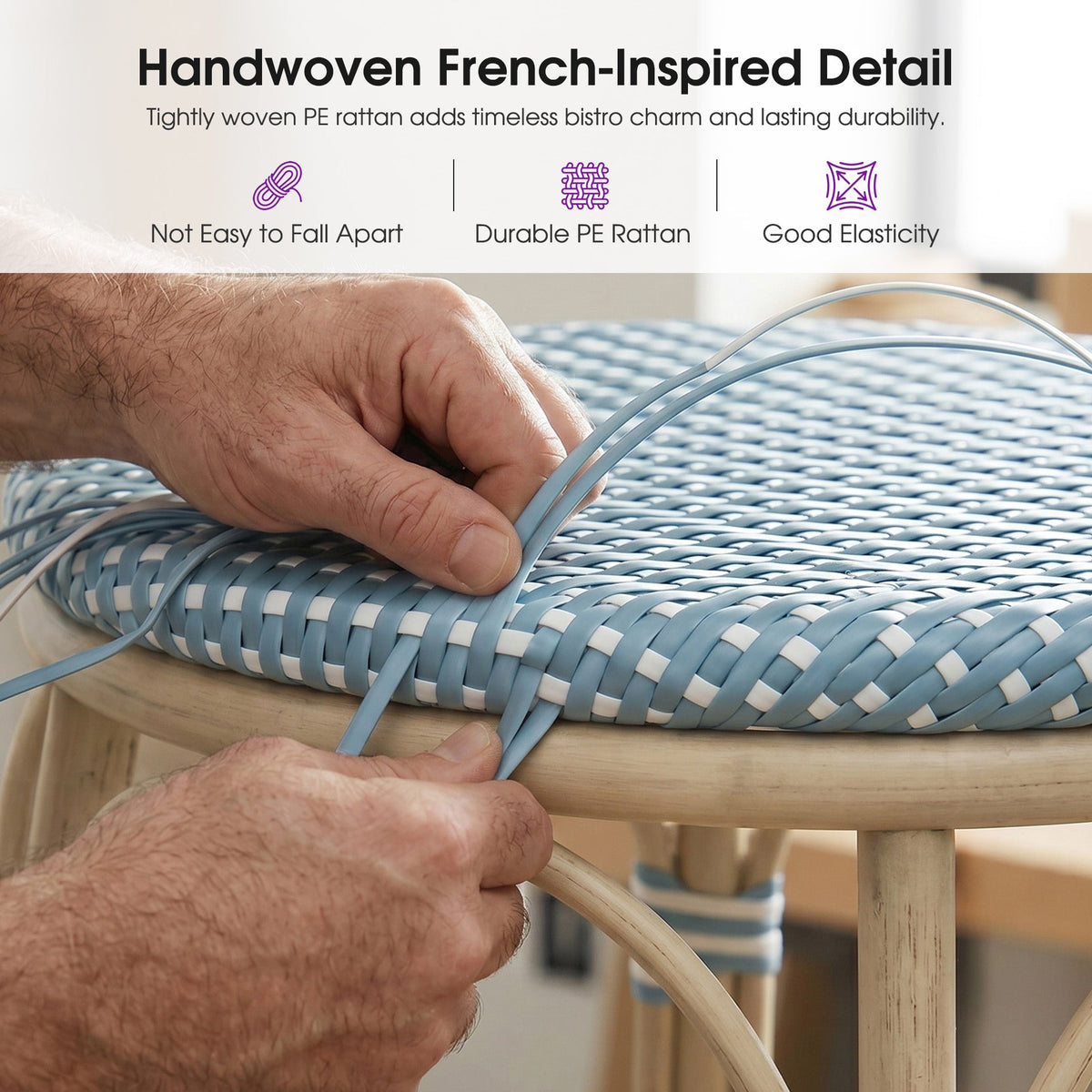 PURPLE LEAF Patio French Round Counter Stool Set of 2 Rattan Backless Stackable Barstools Aluminum Frame Footrest with Woven Wicker for Outdoor Kitchen Yard