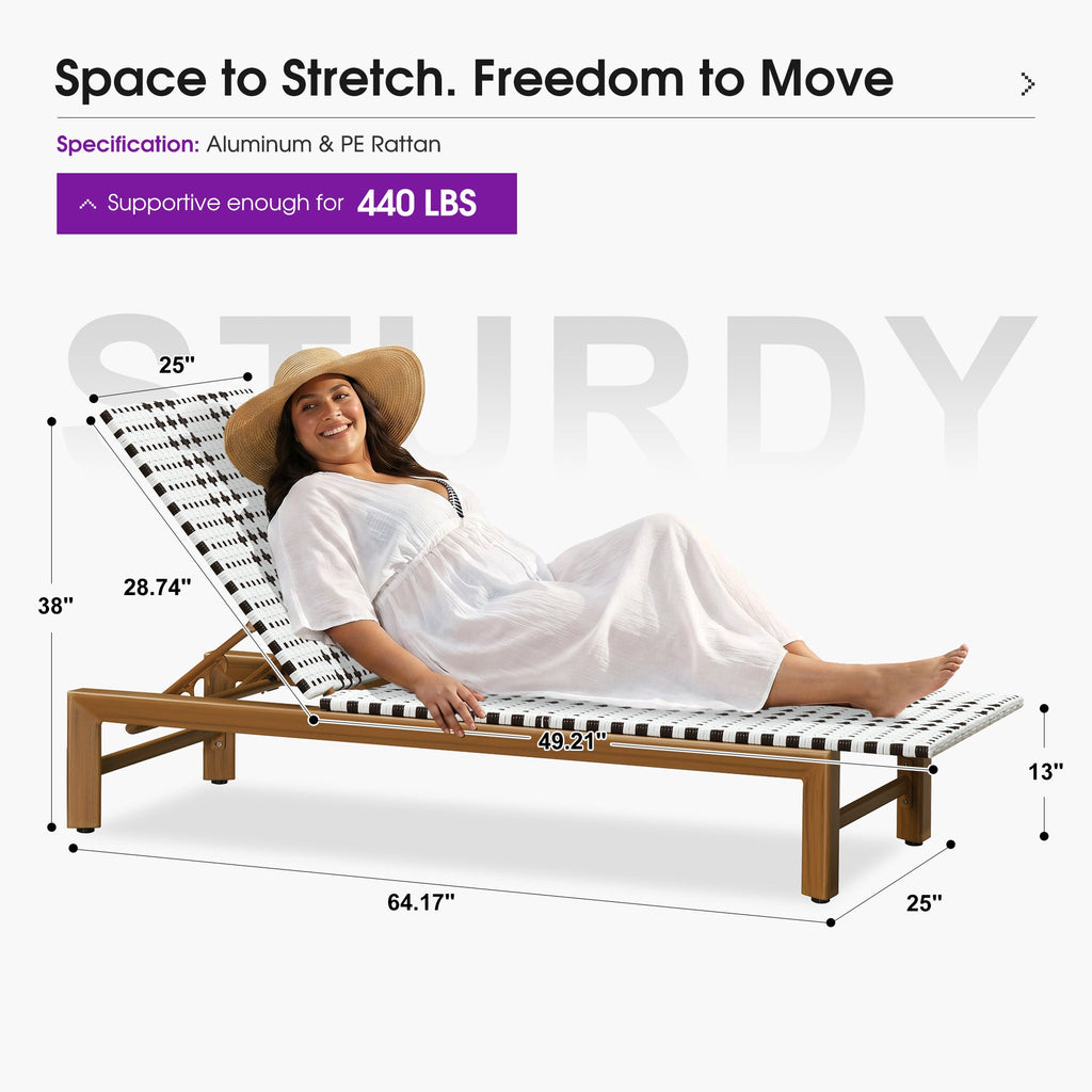 PURPLE LEAF Outdoor Teak Chaise Lounge Chair, Wood Grain Aluminum Outdoor Pool Lounge Chairs with Adjustable Backrest, Breathable Recliner for Patio, Poolside, Garden