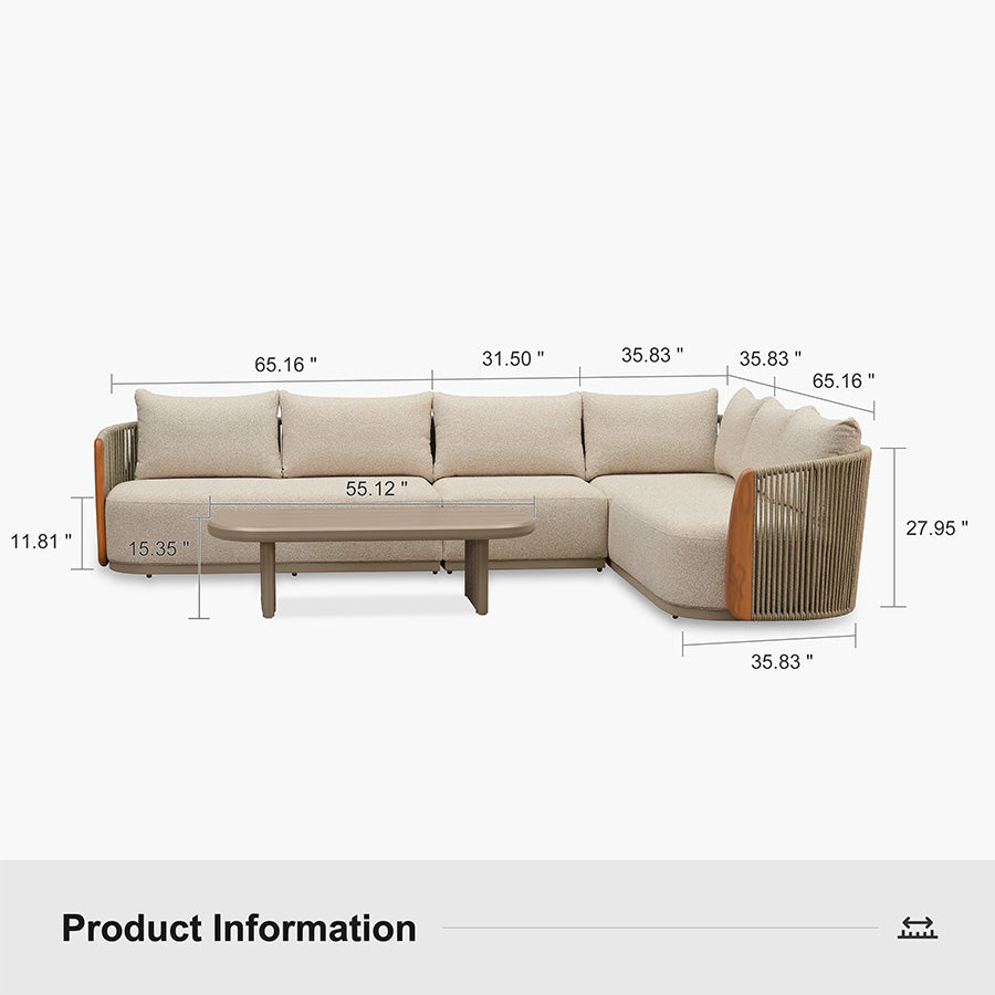 PURPLE LEAF Hailar L-Shaped Patio Conversation Set with Genuine Teak Cushions and Pillows Olefin Rope Backrest Outdoor Couch Sets for Backyard Porch