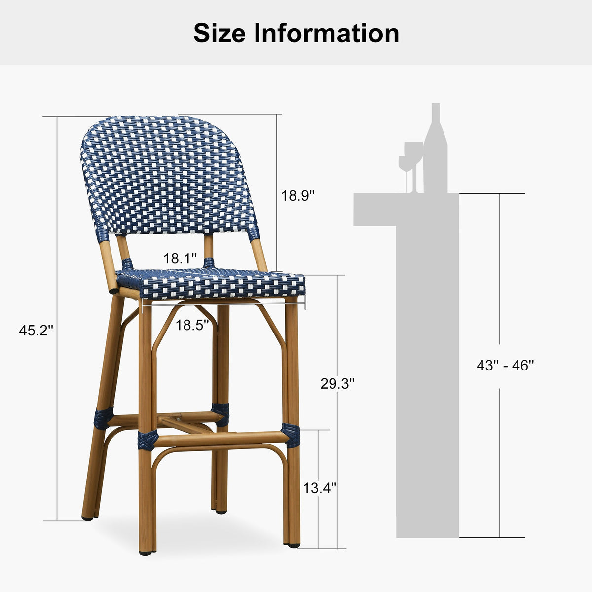 PURPLE LEAF Outdoor Bar Height Stools Set of 2 French Country Patio Rattan Bar Stool Chairs Outdoor Armless Barstools for Porch Garden Indoor Kitchen