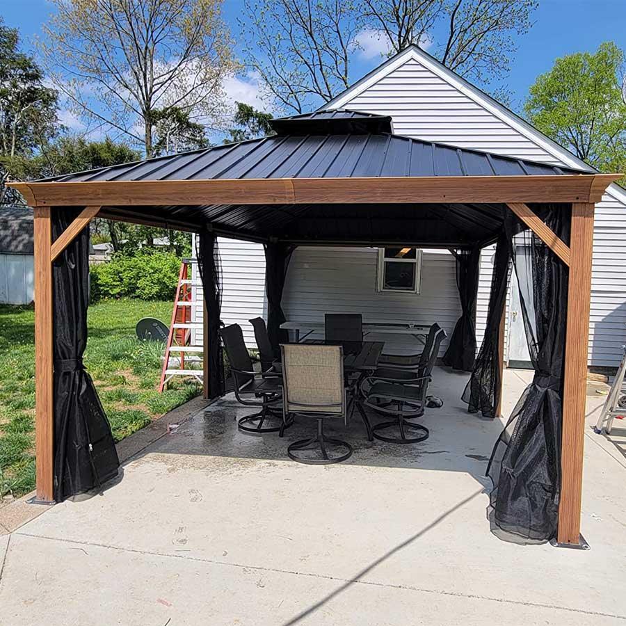 PURPLE LEAF Hardtop Gazebo for Patio Wood Grain Aluminum Frame Awning with Netting