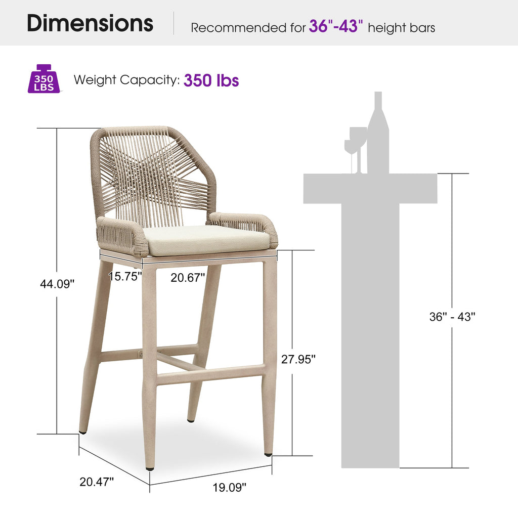 PURPLE LEAF Patio Bar Stools Counter Stools Outdoor Rattan Chairs with Back Modern Aluminum Woven Barstools for Garden Patio Kitchen Indoor