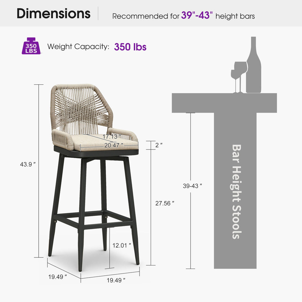 PURPLE LEAF Outdoor Swivel Bar Stools Set of 2 Patio 360° Rotating All-Weather Wicker Stools with Back and Cushion for Outside Backyard Kitchen Bistro Garden Bar
