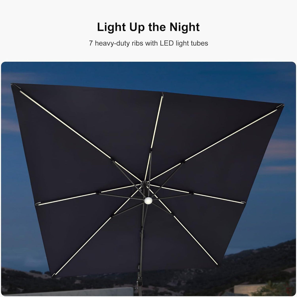 PURPLE LEAF – Parasol de terrasse déporté 10ft avec éclairage LED, rotation 360° et inclinaison