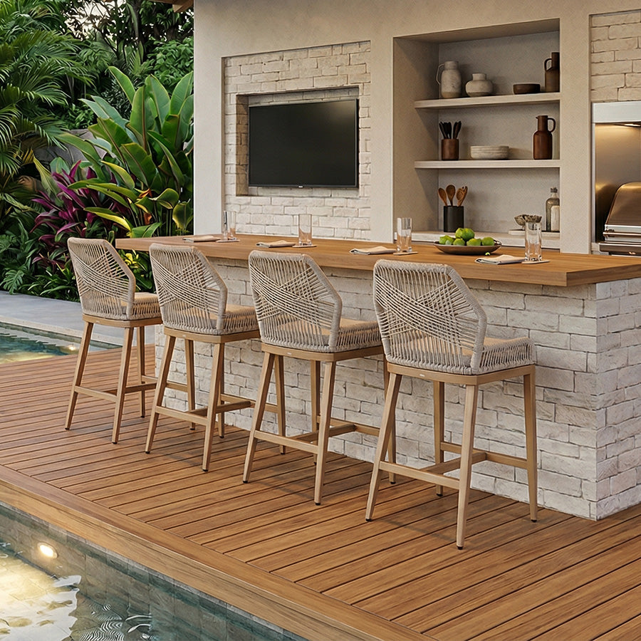 PURPLE LEAF Bar Stools Set of 4 Outdoor Aluminum Barstools with Back Modern Wicker Rattan Boho Garden Pool Patio Bar Chairs