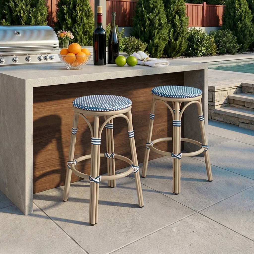PURPLE LEAF Patio French Round Counter Stool Set of 2 Rattan Backless Stackable Barstools Aluminum Frame Footrest with Woven Wicker for Outdoor Kitchen Yard