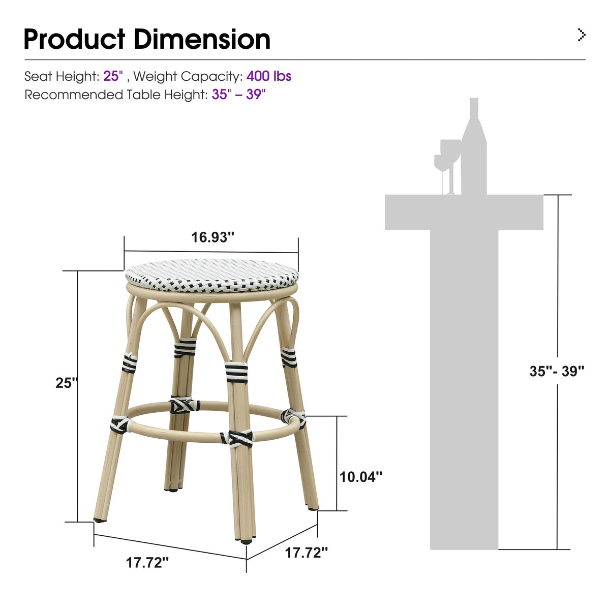 PURPLE LEAF Patio French Round Counter Stool Set of 2 Rattan Backless Stackable Barstools Aluminum Frame Footrest with Woven Wicker for Outdoor Kitchen Yard