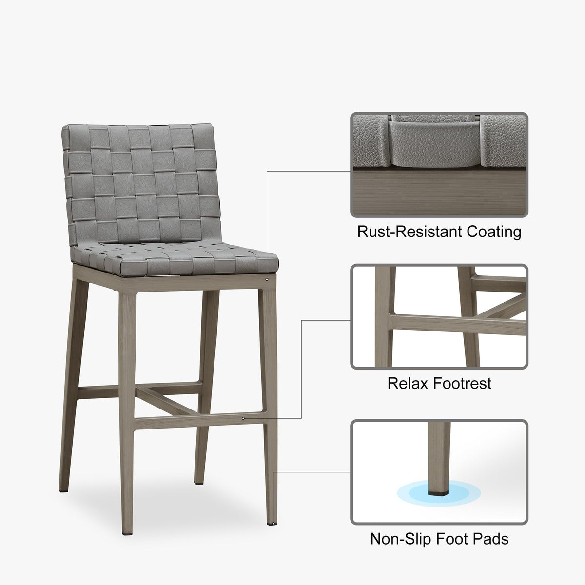 PURPLE LEAF Outdoor Counter Height Stools Set of 2, PU Leather Patio Bar Set with Aluminum Frame, Bar Chairs for Poolside, Garden, Kitchen Island