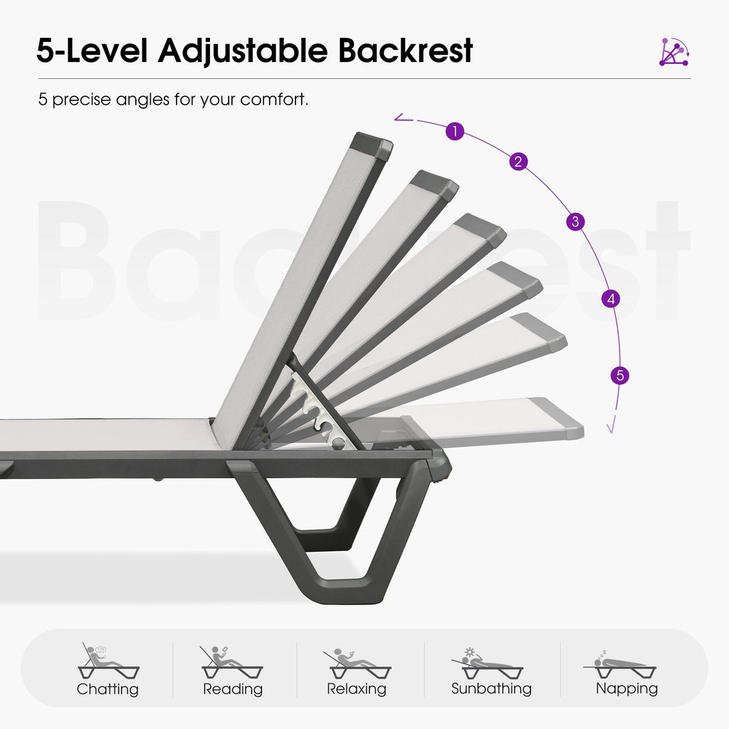 PURPLE LEAF Outdoor Chaise Lounge Patio Chair 5 Positions Adjustable Aluminum Frame with Textilene Seat Lightweight and Durable Pool Chaise Lounge for Patio Poolside Beach Yard
