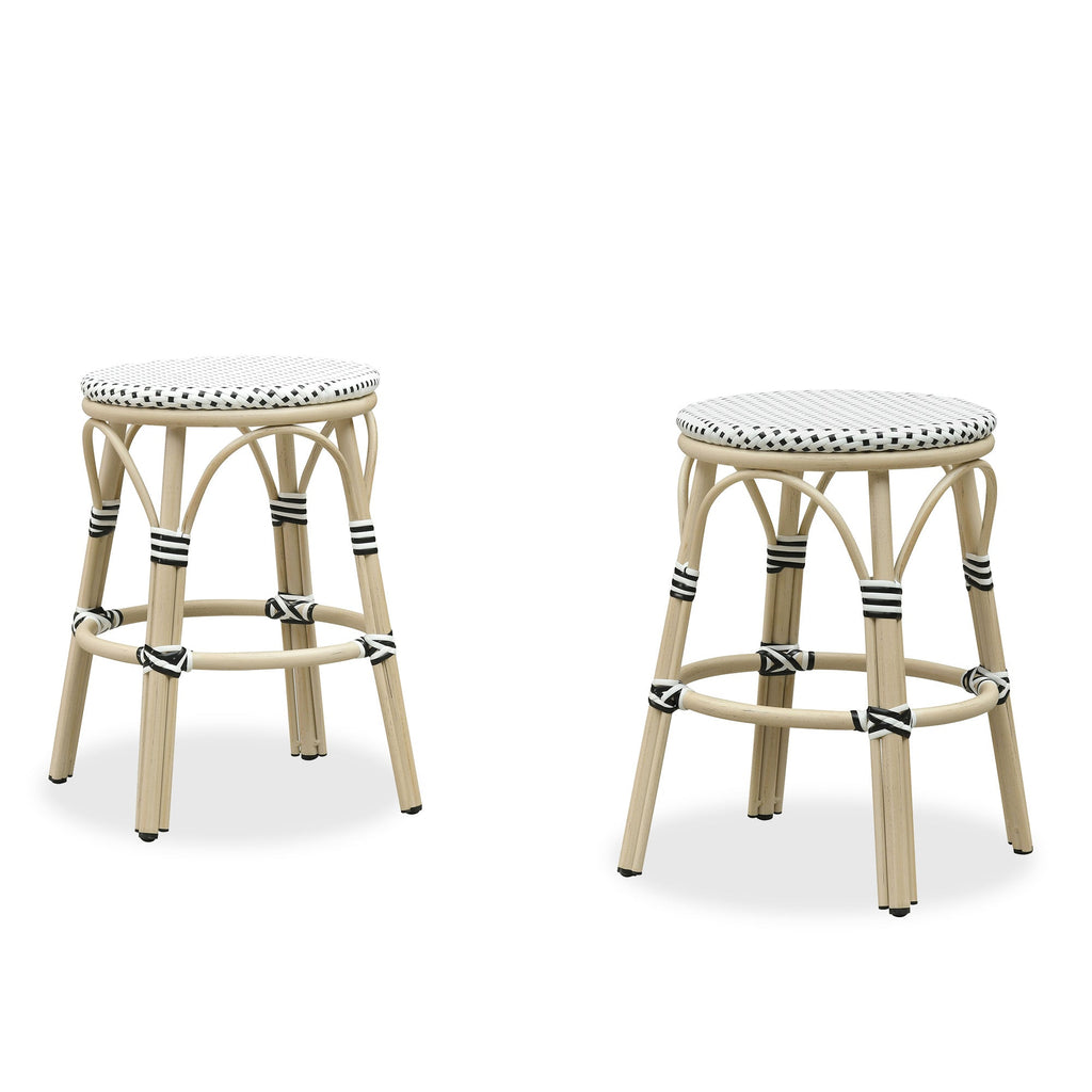 PURPLE LEAF Patio French Round Counter Stool Set of 2 Rattan Backless Stackable Barstools Aluminum Frame Footrest with Woven Wicker for Outdoor Kitchen Yard