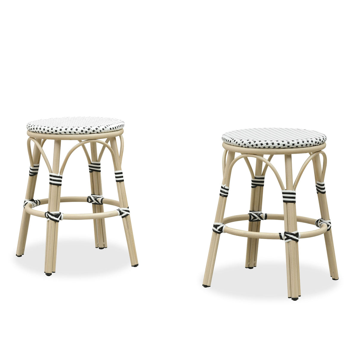 PURPLE LEAF Patio French Round Counter Stool Set of 2 Rattan Backless Stackable Barstools Aluminum Frame Footrest with Woven Wicker for Outdoor Kitchen Yard