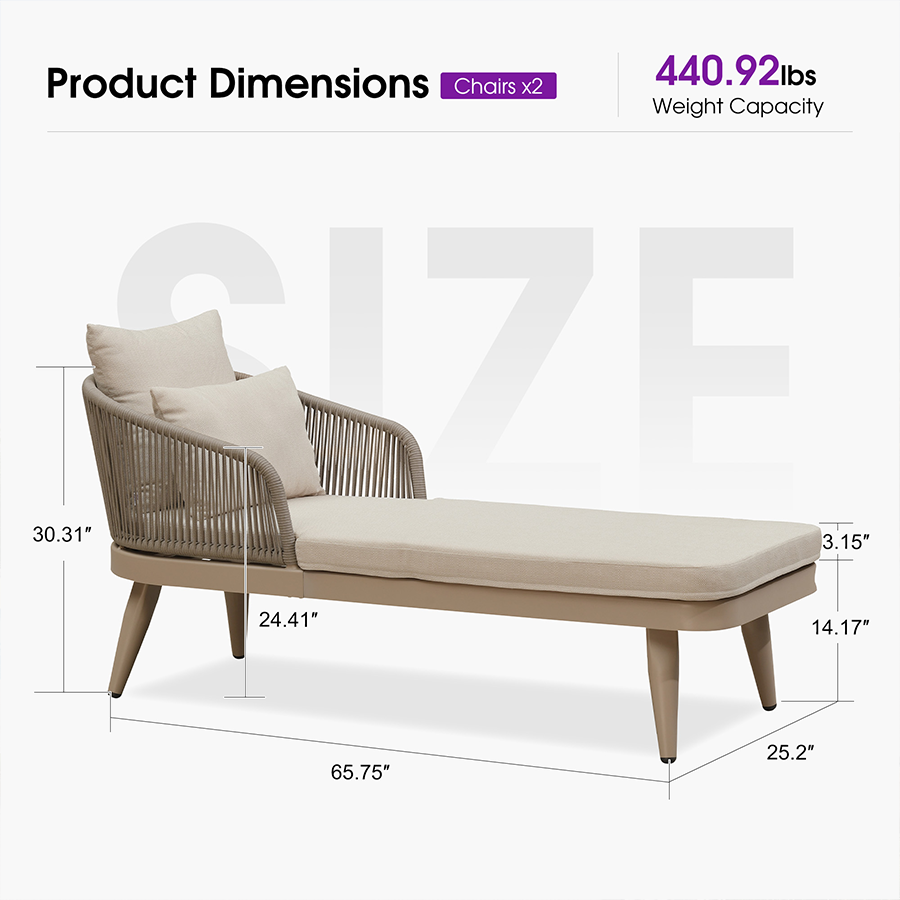PURPLE LEAF Outdoor Chaise Lounge Thick Cushion, Aluminum Frame Patio Lounge Chair with Pillow & Lumbar Support, Wicker Armrests Sun Lounger for Poolside, Backyard, All-Weather Use