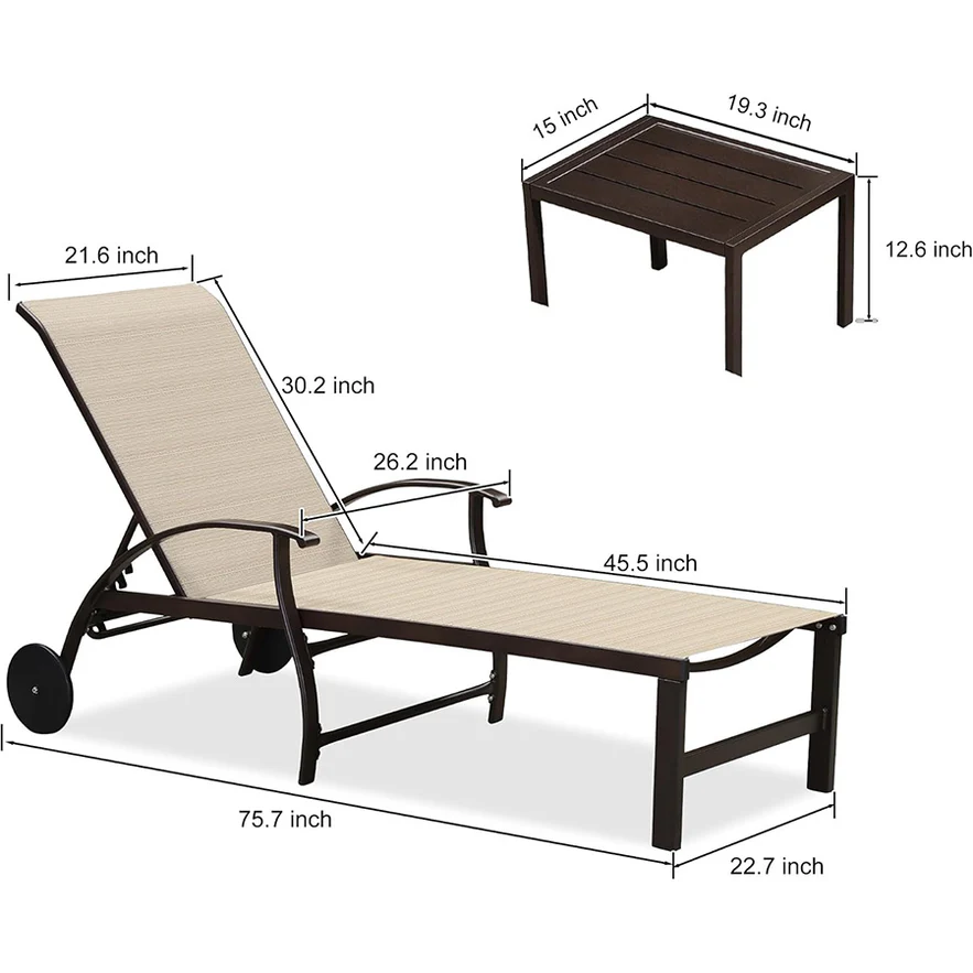 PURPLE LEAF Outdoor Chaise Lounge Patio Pool Lounger Aluminum Chairs with Side Table Adjustable Tanning Recliner for Outside Yard Deck Lawn Garden Beach