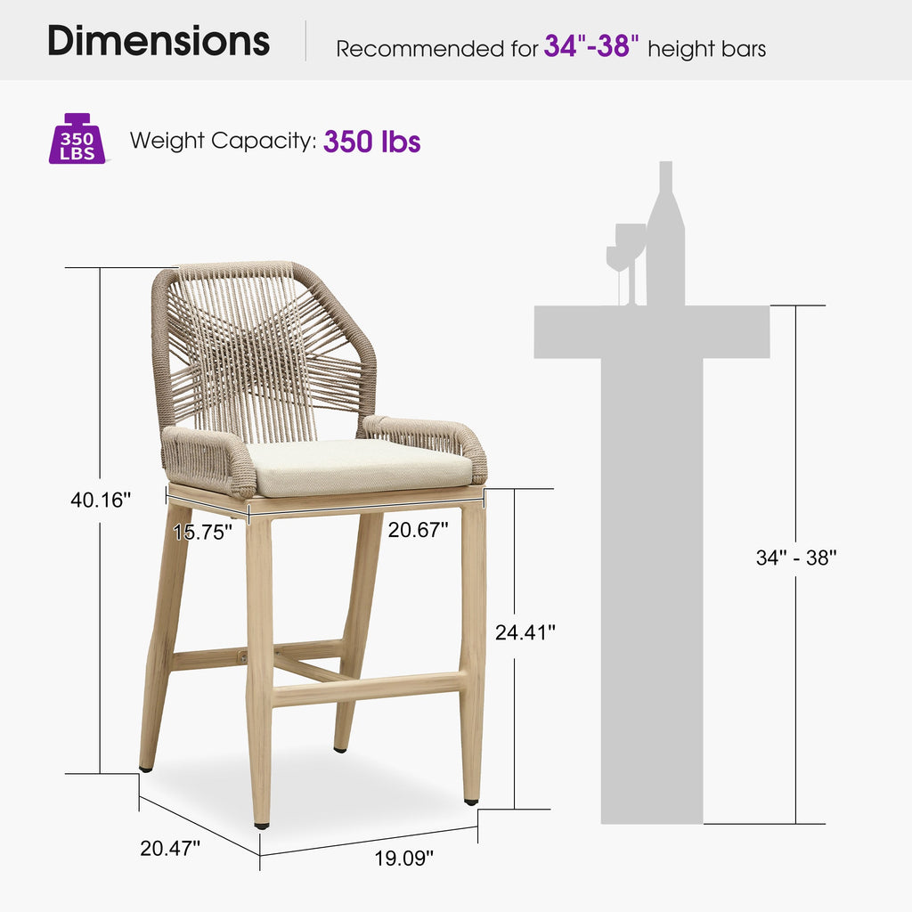 PURPLE LEAF Patio Bar Stools Counter Stools Outdoor Rattan Chairs with Back Modern Aluminum Woven Barstools for Garden Patio Kitchen Indoor
