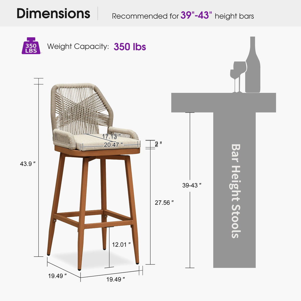PURPLE LEAF Outdoor Swivel Bar Stools Set of 2 Patio 360° Rotating All-Weather Wicker Stools with Back and Cushion for Outside Backyard Kitchen Bistro Garden Bar