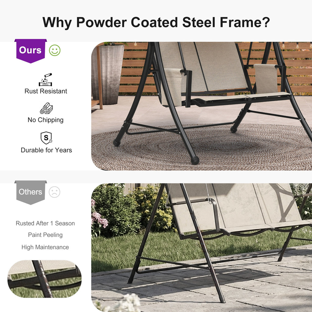 PURPLE LEAF Porch Swing with Adjustable Tilt Canopy Patio Swing with Stand and Meatl Steel Frame All-Weather Outdoor Swing Chair Seat Space-Saving for Backyard Garden Deck