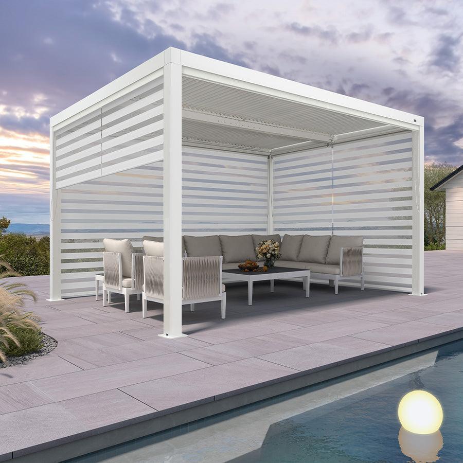 PURPLE LEAF Athena Louvered Pergola White Outdoor Aluminum Pergola with Roller Blind Adjustable Gazebo for Patio Deck Garden