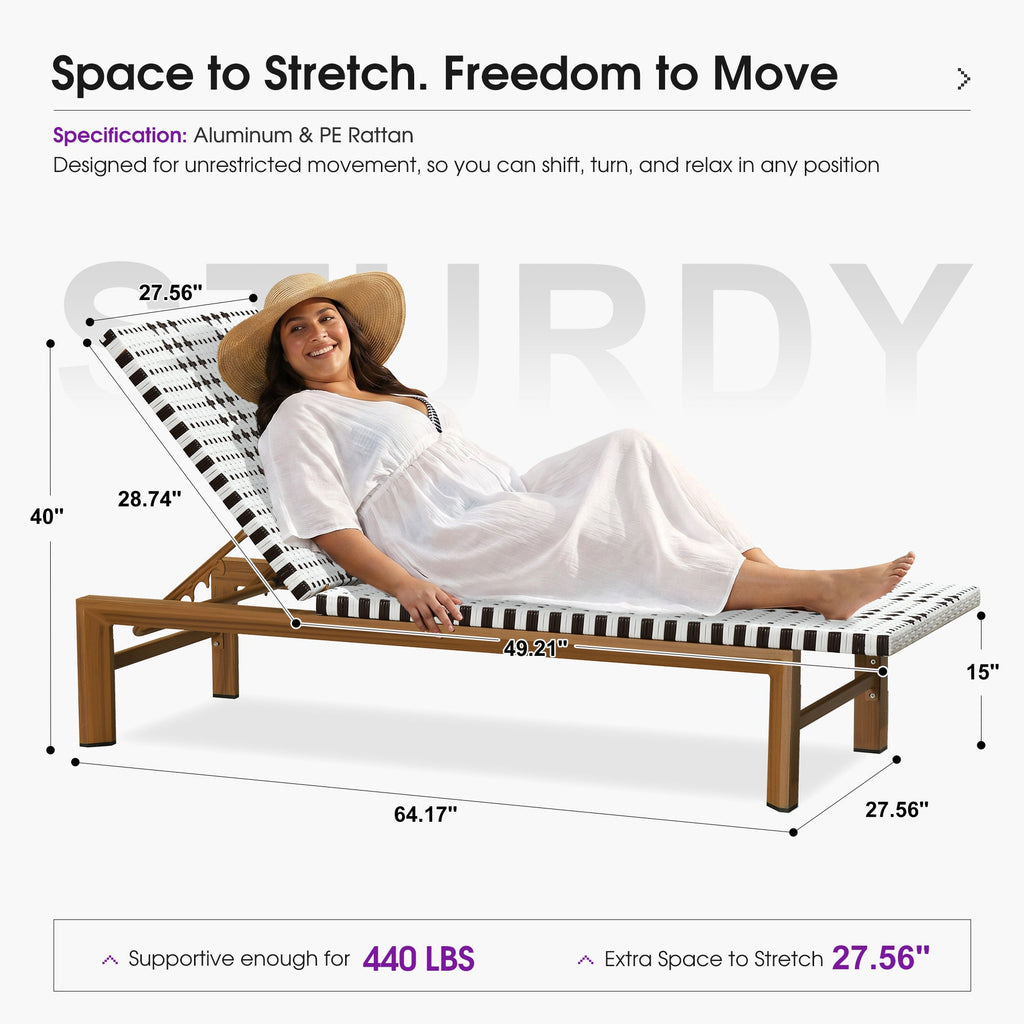 PURPLE LEAF Outdoor Teak Chaise Lounge Chair, Wood Grain Aluminum Outdoor Pool Lounge Chairs with Adjustable Backrest, Breathable Recliner for Patio, Poolside, Garden