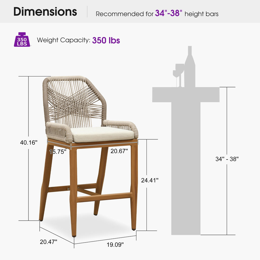 PURPLE LEAF Patio Bar Stools Counter Stools Outdoor Rattan Chairs with Back Modern Aluminum Woven Barstools for Garden Patio Kitchen Indoor