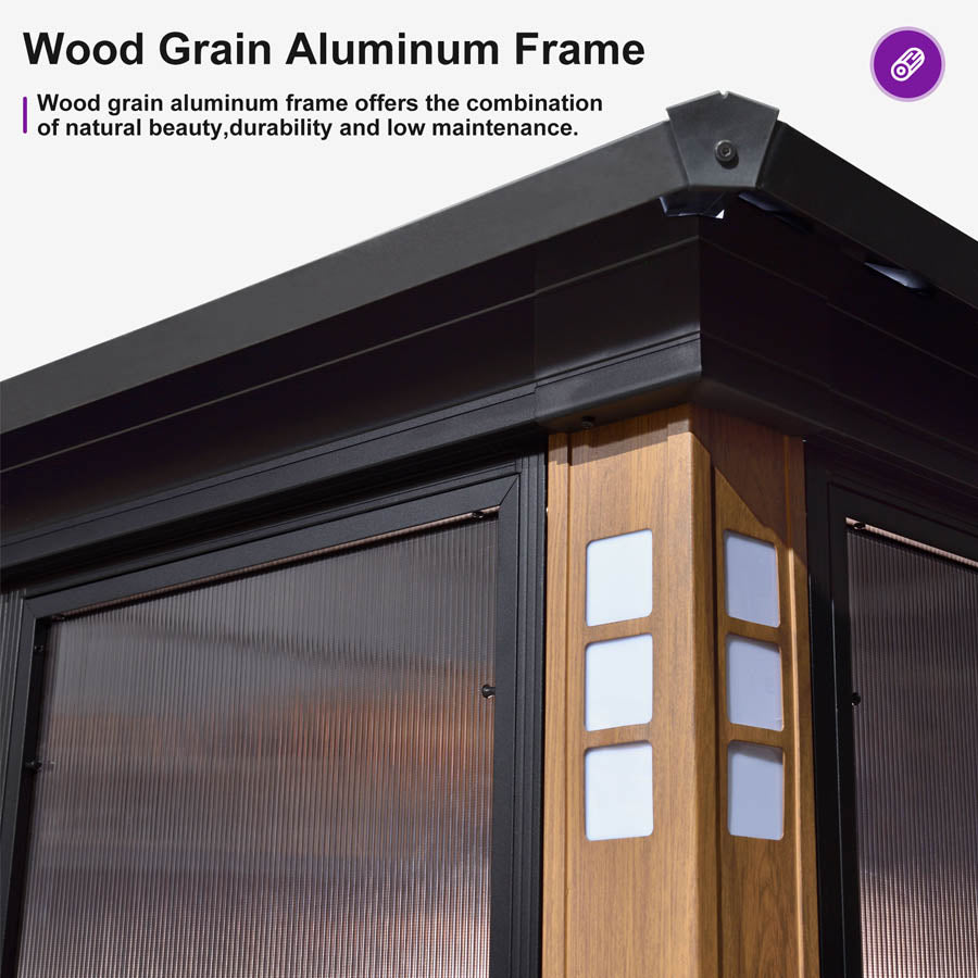 PURPLE LEAF Sunroom Hardtop Gazebo with Wood Grain Columns Black Frame Double Roof Galvanized Steel Solarium All-Weather Screen House with String Lights